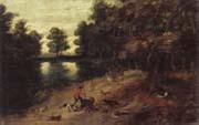 A wooded landscape with a boar hunt unknow artist